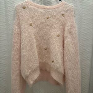Pink Fuzzy Sweater with Gold Heart Accents